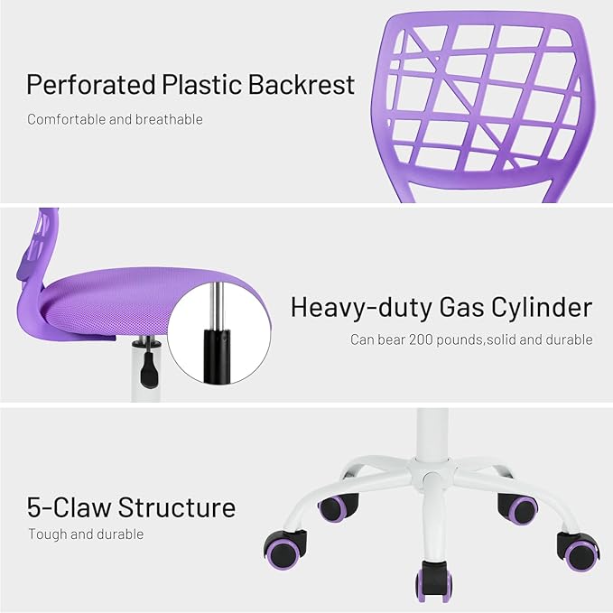 FurnitureR Kids Desk Chair, Armless Small Adjsutable Swivel Task Chair with Soft Cushion for Study Kids Teens Child, Purple