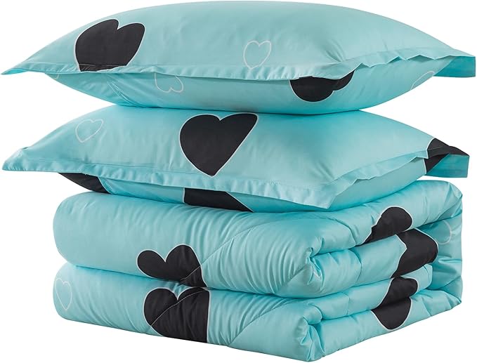Love Pattern Girls Comforter Set Queen Size, Sky Blue Cute Love Heart Print Comforter Bedding Set for All Seasons, Geometric Soft Microfiber 3 Pieces Comforter Set with Pillowcases