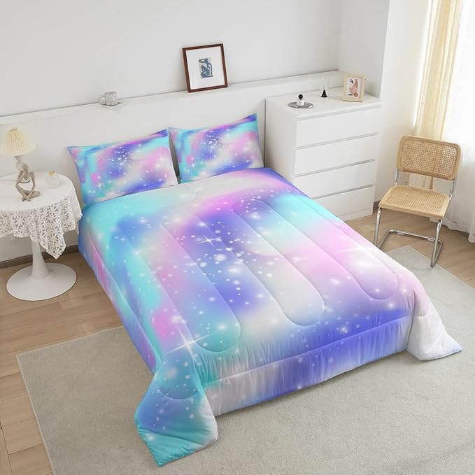 Erosebridal Ombre Comforter Rainbow Comforter Set King Tie Dye Galaxy Duvet Set Nebula Bedding Starry Sky Quilt Set Pastel Stars Glitter Bedding Set Purple Blue Bedroom Decorative Down Comforter