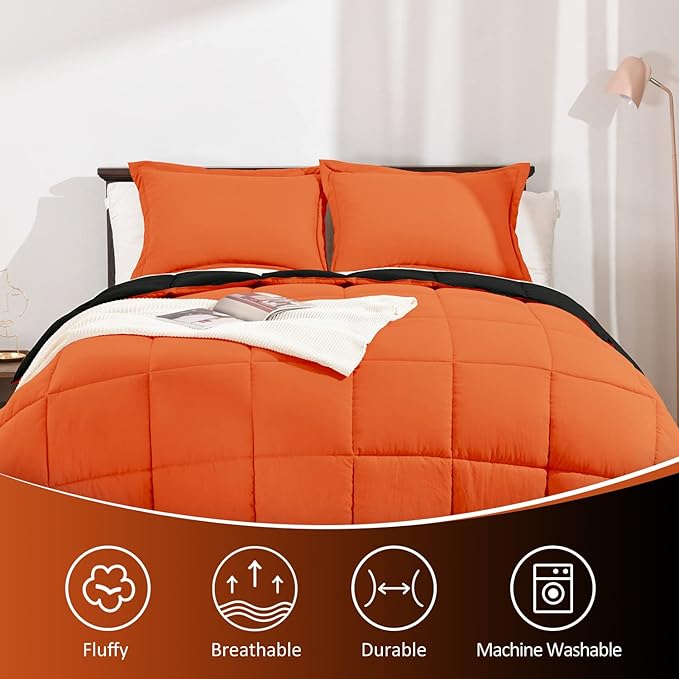 Basic Beyond King Size Comforter Set - Fluffy King Bed Comforter Set for All Seasons - Reversible Bedding King Size Comforter Set - 3 Pieces (1 Comforter + 2 Pillow Shams) - Orange/Black