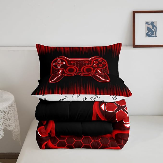 Feelyou Gamer Comforter Set King Size Kids Game Controller Comforter for Boys Teens Red Black Bedding Set Gaming Duvet Set Room Decor Quilt Set