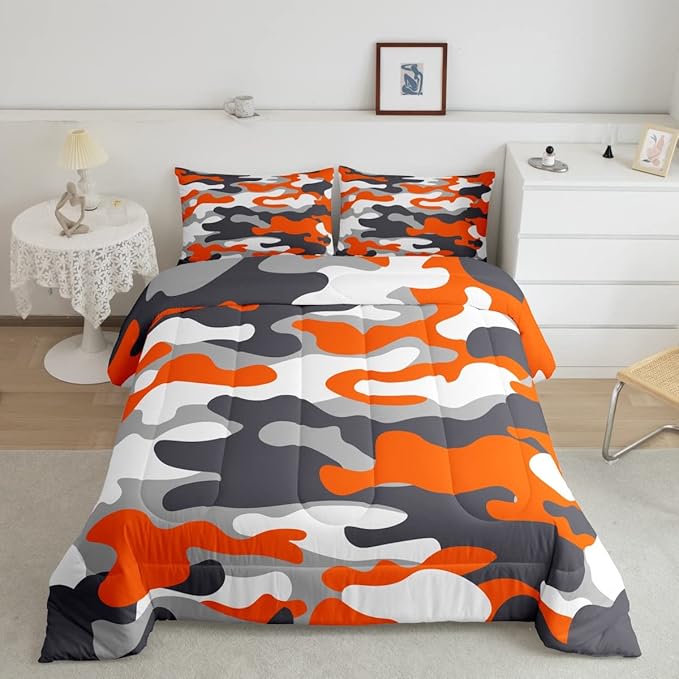 Feelyou Queen Size Camouflage Comforter Set 3Pcs Kids Bedding Set for Boys Girls Teens 1 Comforter & 2 Pillowcases(Queen,Orange)