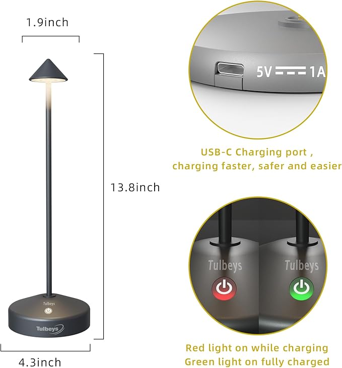 Cordless Table Lamp, Portable LED Desk Lamp 5200mAh Battery Operated, Waterproof Outdoor Lamp with Contact Charging Base, 13.8'' touch lamp for Home/Office/Bars/Coffee Shop Night Light (Grey