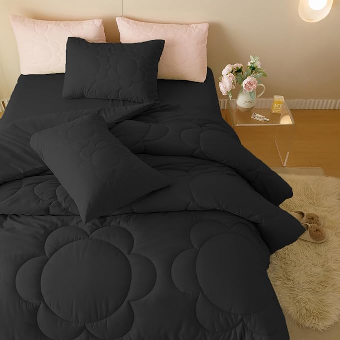 Black Flower Comforter Queen Black Flower Print Bed Queen Comforter Set 3 Pieces Dark Black Floral Comforter Set for Women Girls Bedroom Decor All Season Hotel Quality Comforter Set