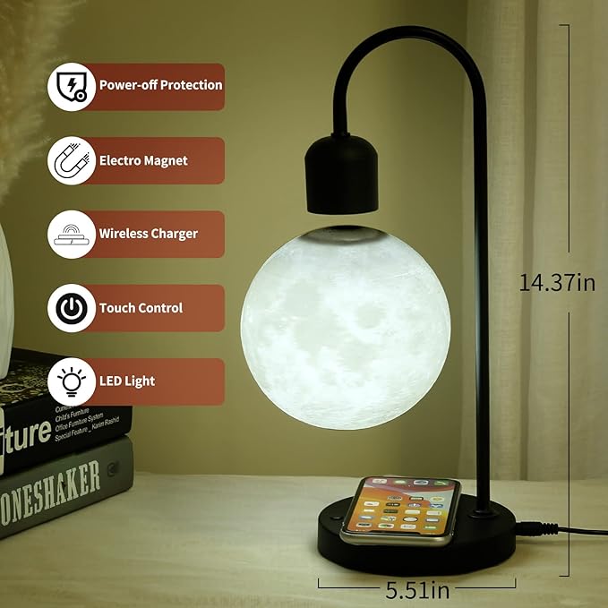Floating Moon Lamp with Wireless Phone Charger & LED Levitating Ball in The Air Freely Unique Magnetic Cloud Desk Lamp with Cool Night Light, Home Office Decor & Gift for Friends Families