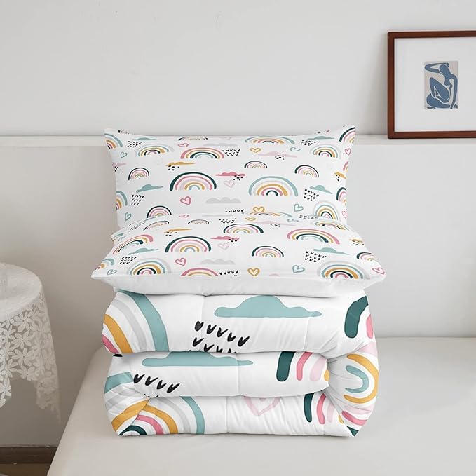 Erosebridal Rainbow Bedding Set for Kids Girls, Pink Love Heart Comforter Set Queen Size Cartoon Cloud Geometric Stripes Bedding Comforter for Boys Children Women Watercolor Art Girly Duvet Sets