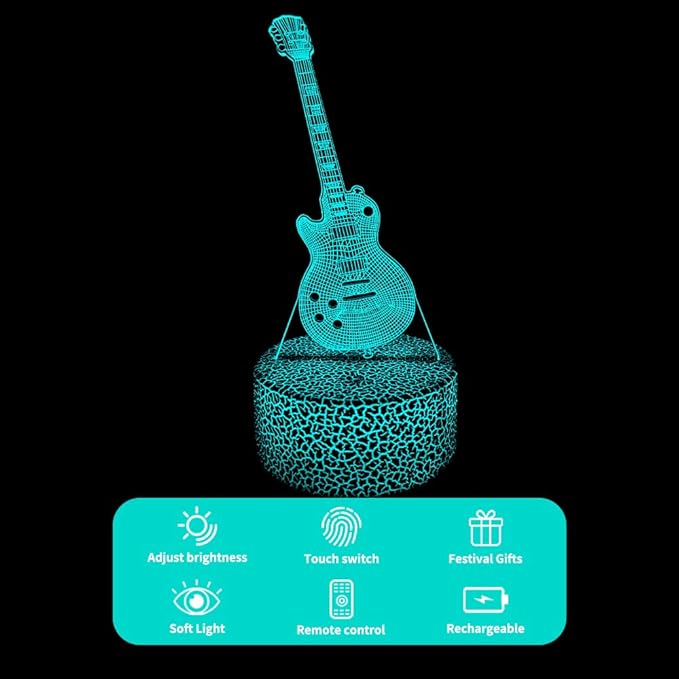 Guitar 3D Night Light Illusion Lamp,16 Color Changing with Remote Control,Bedroom Decor Xmas Birthday for Musical Lover Men Women Family, Friends