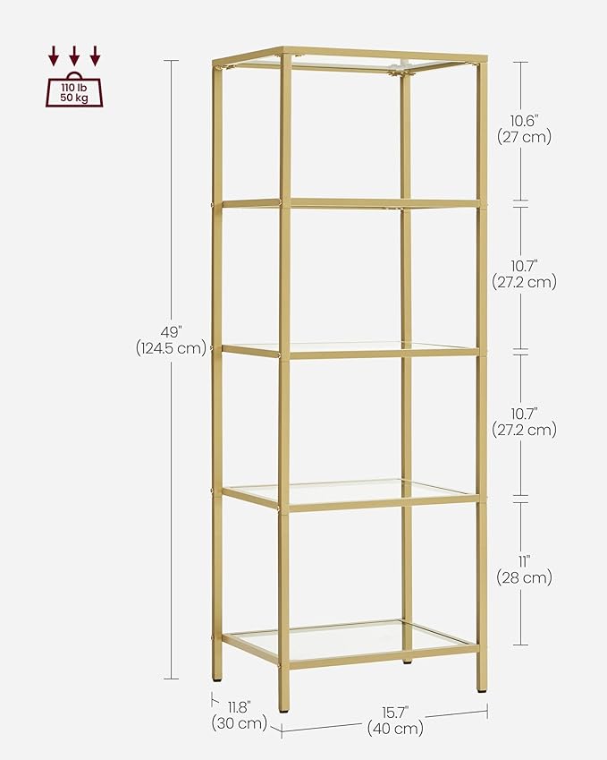 VASAGLE Bookcase, 5-Tier Bookshelf, Slim Shelving Unit for Bedroom, Bathroom, Home Office, Tempered Glass, Steel Frame, Metallic Gold ULGT029A01