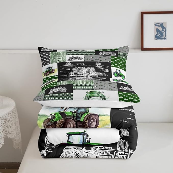 Equipment Trucks Comforter Set Queen, Tractor Down Comforter, Green Vehicle Duvet Set for Child Kids Child Boys Teens Construction Excavator Construction Site Car Quilt Set for Bedroom Decor Gift