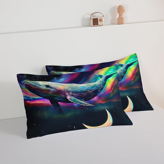 HOSIMA 3D Whale Galaxy Bedding Comforter Sets,Stars Moon Queen Comforter Set Starry Room Decor Aesthetics for Adults Kids,Ocean Theme Marine Life Whale Comforter with 2 Pillowcases.