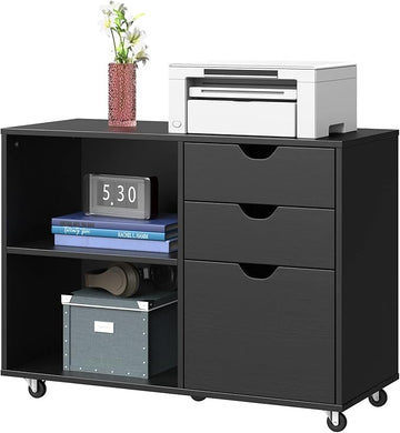 YITAHOME Wood File Cabinet, 3 Drawer Mobile Lateral Filing Cabinet, Storage Cabinet for A4, Letter Size Files, Printer Stand with Shelves for Home Office, Black