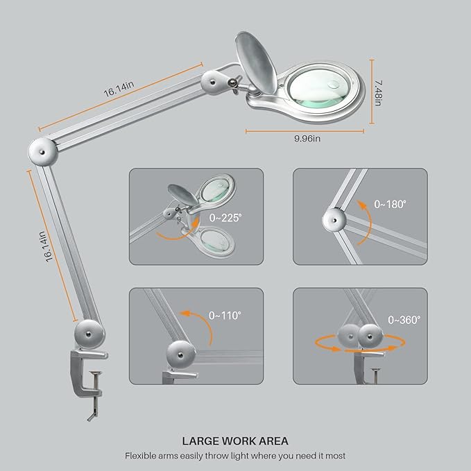 Bifocals LED Magnifying Lamp with Clamp, 5 Diopter with 20 Diopter, 5 Inch Magnifier Glass Lens, 1200 Lumens Dimmable Magnifier Lamp for Desk Craft Hobby with 60PCS Bright LEDs