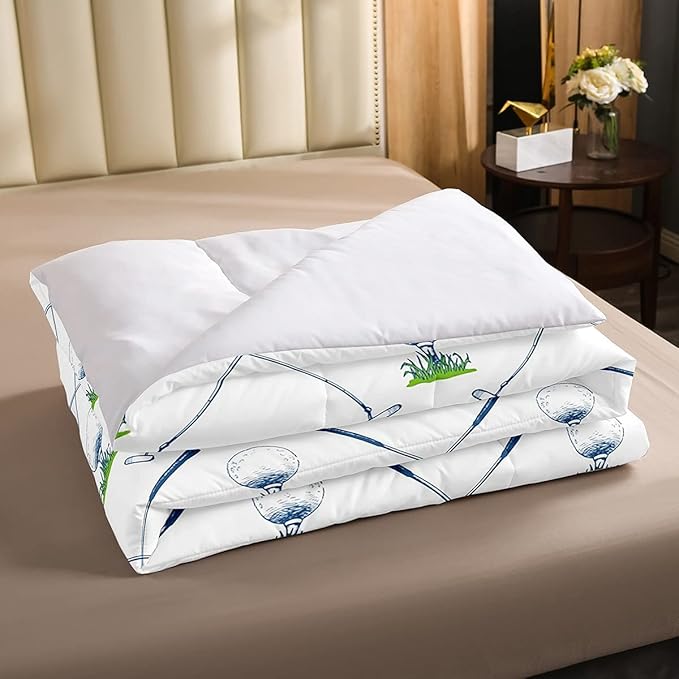 Erosebridal Golf Comforter Set Queen Size Golf Club Bedding Set Sport Game Athlete Grass Leaf Branches Down Comforter for Men, Room Decorative 3 Pieces Comforter with 2 Pillow Cases, White