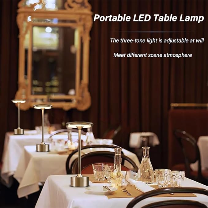 Portable Metal Desk Lamp, 3-Levels Brightness Metal LED Table Lamp, 3 Color Touch Control Rechargeable Lamp, Night Light, Bedside Lamp,Dining Room Lamp (Silver)