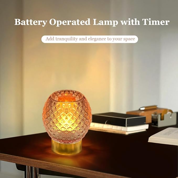 Battery Operated Lamp with Timer,Glass Cordless Lamps with LED Bulb,Decorative Lights for Living Room Bedroom Tabletop Entryway Centerpiece Gift (Pink)