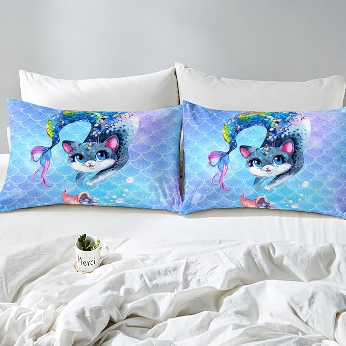 Rainbow Cartoon Cat Bed Sheet Set Colorful Mermaid Comforter Set for Kids Boys Girls Teens Room Decor Blue Mermaid Scales Bedding Set Set Ocean Gradient Style Bed Cover 2Pcs Twin Size
