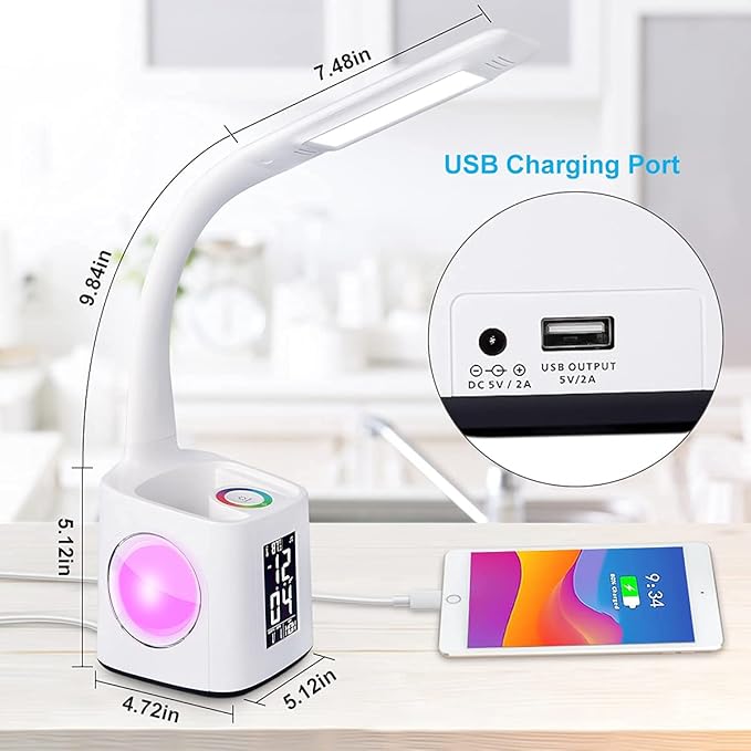 Study LED Desk Lamp with USB Charging Port, Kids Dimmable LED Table Lamp with Clock and Pen Holder, Home Office, College Student Dormitory, Reading Eye Protection Desk Lamp, Color Night Light,10W
