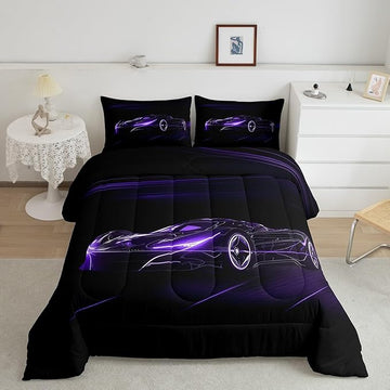 Feelyou Dull Purple Race Car Bedding Set Queen Size for Kids Boys Extreme Sport Games Comforter Set Teens Toddler Fast and Furious Duvet Set Cool Modern Quilt Set 3Pcs