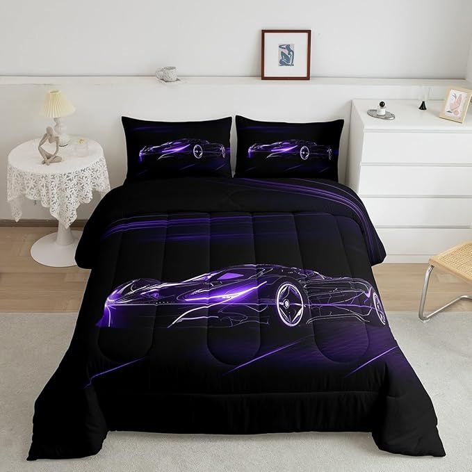 Feelyou Dull Purple Race Car Bedding Set Queen Size for Kids Boys Extreme Sport Games Comforter Set Teens Toddler Fast and Furious Duvet Set Cool Modern Quilt Set 3Pcs