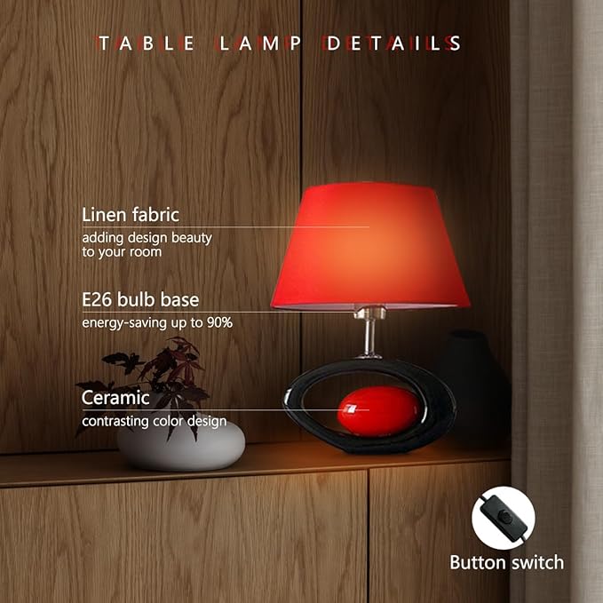 Red Modern Table Lamp, Ceramic Desk Lights with Linen Shade LED Bedroom Bedside Light Living Room Office Desk Night Lantern 14.8inch American Desktop Light for Home, E26 Base 60W 110V