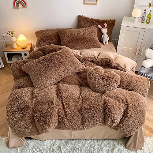 Faux Fur Kids Girls Coffee Comforter Sets King - 3PC Bed Set Warm Comfortable Soft Plush Flannel Velvet Fluffy Fuzzy Bedding（Comforter x 1 Pillowcases x 2）