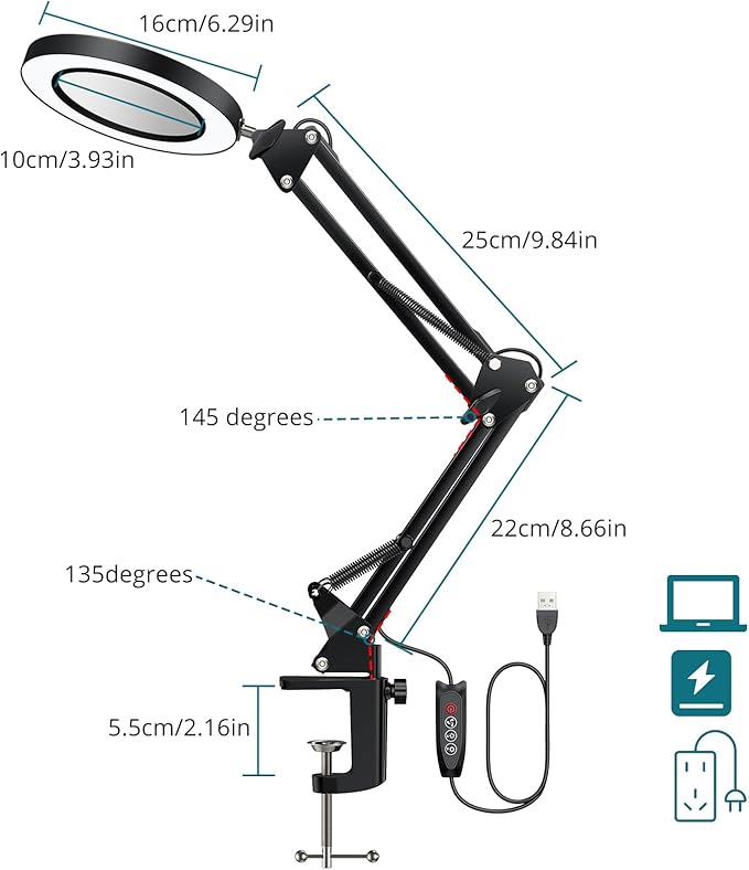 8X Lighted Magnifying Glass Lamp, Adjustable Magnifying Glass with Light Clamp Swivel Arm LED 3 Color Modes,10 Brightness Levels, Hands Free Magnifier for Hobby Close Work, Repair, Reading