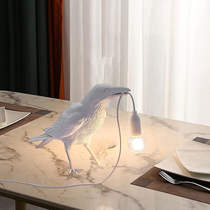 Raven Desk Lamp, Raven Lamp, Bird Lamp, Resin LED Bird Lamp for Bedroom/Office/Living Room/Farmhouse Art Deco with Plug (White)