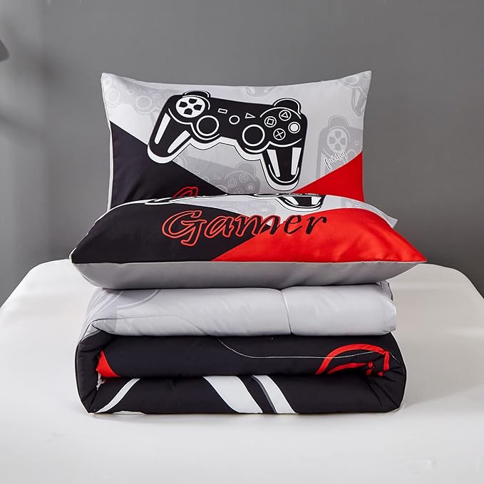 Gaming Comforter Sets for Kids Teen Boys,Video Games Controller Pattern Bedding Set for Room Decor, Queen Size 3-Piece Reddish Black Gamer Comforter with Pillowcase,All Season(Red,Queen)