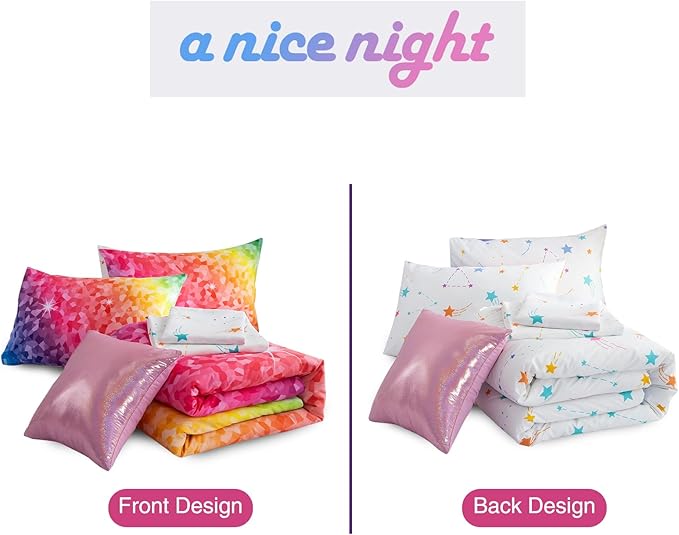 A Nice Night 6Pcs Gradient Abstract Art Grid Mosaic Geometric Bedding Set for Girls, Colorful Rainbow Galaxy Comforter Set, Ultra Soft Bedding Sets (PinkYellow,Full 6Pcs)