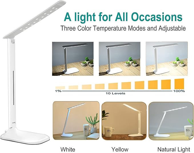 LaiduoleLED Desk Lamp with 3 Lighting Modes, 3 Brightness Level, Dimmable Foldable Eye-Caring 7W Desk Lamp with Touch Control for Studying Working Reading (White)