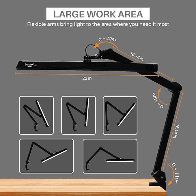 LED Architect Desk Lamp with Clamp, Metal Swing Arm 2000 Lumens Dimming Office Table Lamp for Task Work Drafting Reading Desktop, 234PCS Bright LEDs, 24W, 5 Color Temperatures Workbench Lamp