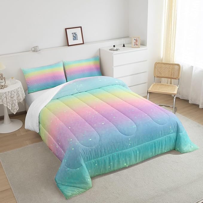 Rainbow Comforter Set Tie Dye Pastel Twin Beddings for Girls Galaxy Glitter Bedding Comforter Sets for Boys Kids Women Bedroom Decor, Girly Gradient Star Sky Ombre Duvet Insert, Pink Blue Yellow