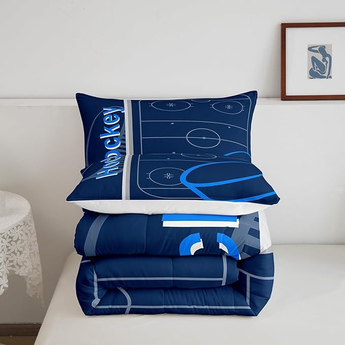 Feelyou Kids Ice Hockey Comforter Set Twin Size Ice Sports Games Bedding Set for Boys Girls Teens Bedroom Decor Hockey Player Comforter Puck Hockey Duvet Set with 1 Pillow Case