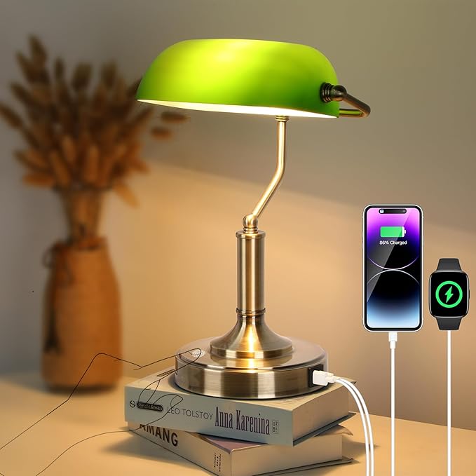 Bankers Lamp, Green Desk Lamp with Touch Control Switch, Retro Lamp with USB and Type C Charging Ports, Vintage Lamp for Home Office, Piano, Library, LED Bulb Included (Vintage)