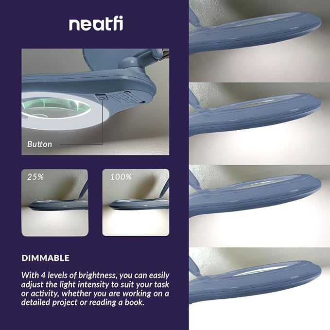 (New Model) Neatfi Bifocals 1,200 Lumens Super LED Magnifying Lamp with Clamp, 5D + 20D, Dimmable, 60 Pcs SMD LED, 5 Inches Diameter Lens (5 Diopter + 20 Diopter, Gray)