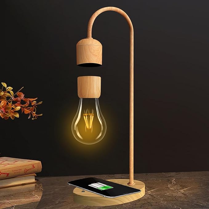 Magnetic Levitating Lamp with Wireless Phone Charging Pad Floating Light Bulb LED Night Light Wood Grain Table Lamp Levitation Desk Lamp for Office Home Decoration Christmas Gift