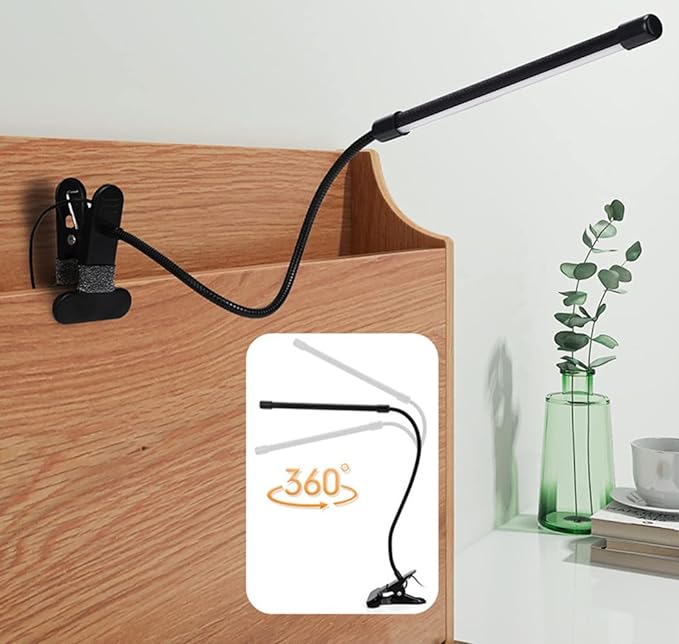 Meichoon Desk Lamp with Clamp Desktop Clip-On LED Illuminating Light Flexible Metal Hose Eye-Caring Table Lamp for Bedroom Bedside Office Study Work Reading Embroidery UK10 Black