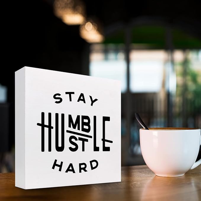 Stay Humble Hustle Hard Sign,Inspirational Quote Wood Box Sign,Motivational Wooden Block Signs,Positive Wood Signs,Entrepreneur Decorations for Home Office Shelf Table Decor