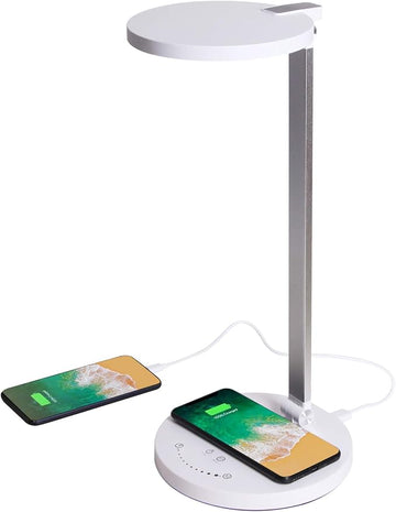 LED Desk Lamp Wireless Charger, Aluminum Dimmable Eye-Caring Table Lamp with 5 Lighting Models with 5 Brightness Levels, Touch Control and Memory Function, USB Charging Port, 8W, White……