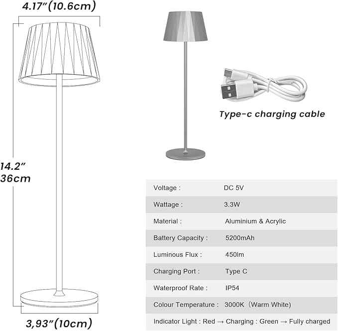 Modern LED Cordless Waterproof Table Lamp,5200mAh Touch Dimmable Desk Lamp,Rechargeable Battery Powered Night Light for Indoor/Outdoor Dining (Silver, 3000K, Warm White)