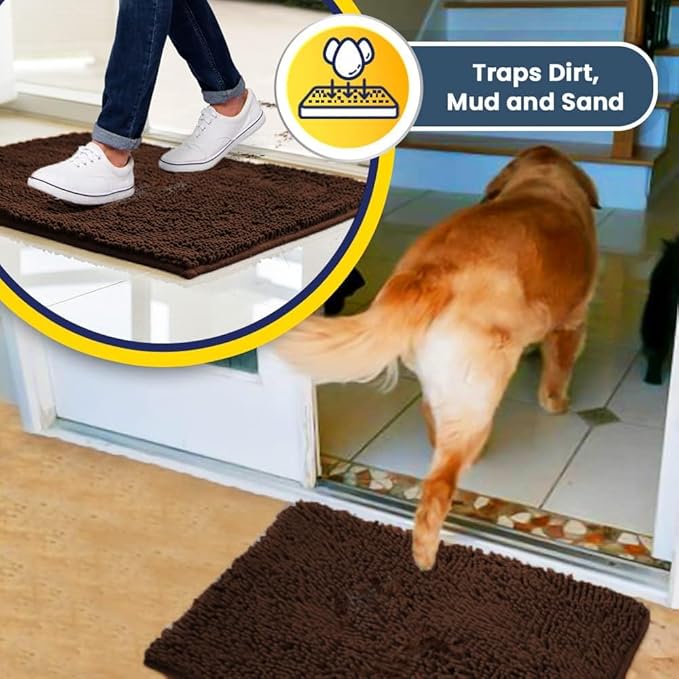 Muddy Mat® Shown on TV – Super Absorbent Microfiber Dog Door Mat for Muddy Paws, Non-Slip Washable Pet Rug, Quick Dry Chenille Entryway Carpet, Machine Washable Indoor Outdoor mat, Brown 28"x18"