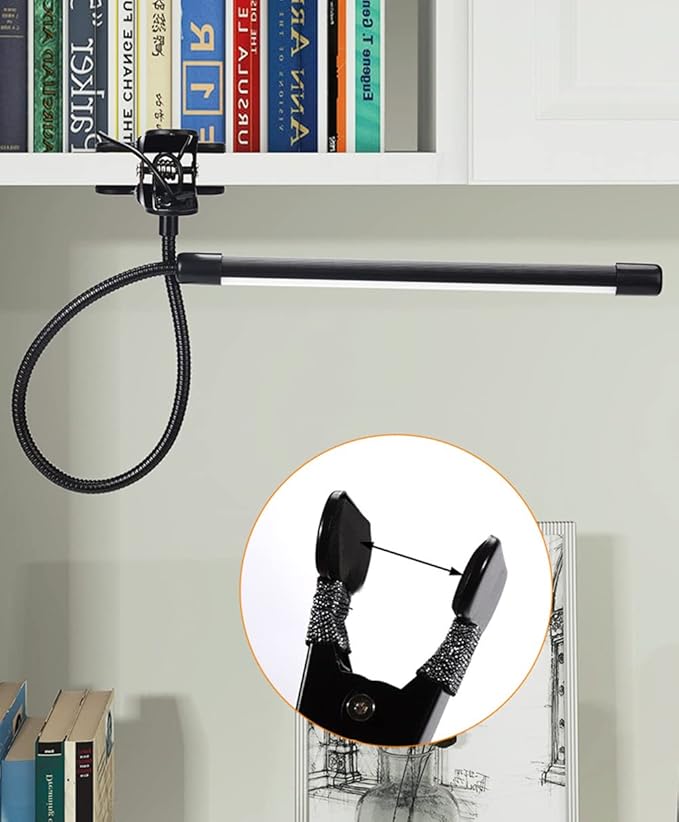 Meichoon Desk Lamp with Clamp Desktop Clip-On LED Illuminating Light Flexible Metal Hose Eye-Caring Table Lamp for Bedroom Bedside Office Study Work Reading Embroidery UK10 Black