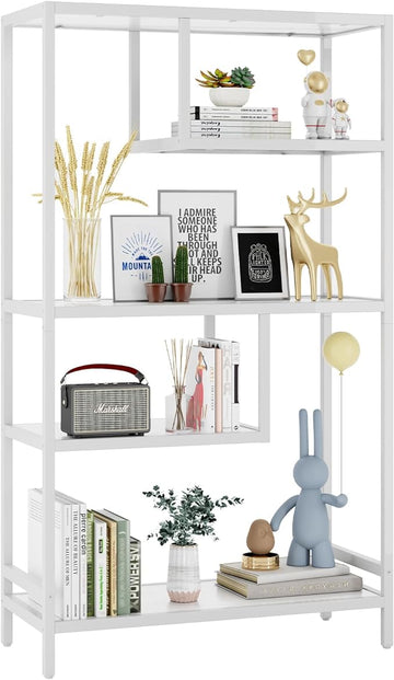 HOME BI Geometric Bookshelf, Tall Modern Etagere Bookcase, Industrial Metal Book Shelf with 5 Open Display Shelves for Office Living Room, White