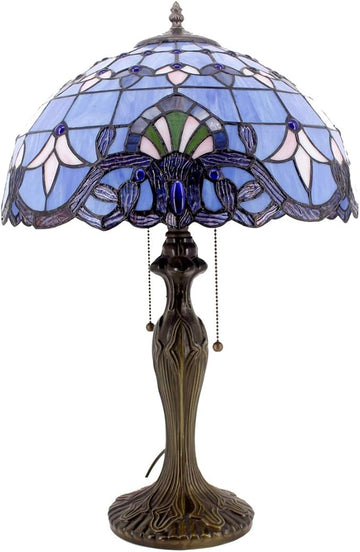 WERFACTORY Tiffany Lamp Blue Purple Stained Glass Baroque Table Lamp Lavender Style Bedside Desk Light Metal Base 16X16X24 Inches Decor Bedroom Living Room Home Office S003C Series (Blue Baraque)