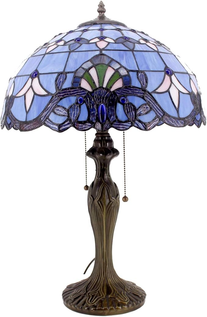 WERFACTORY Tiffany Lamp Blue Purple Stained Glass Baroque Table Lamp Lavender Style Bedside Desk Light Metal Base 16X16X24 Inches Decor Bedroom Living Room Home Office S003C Series (Blue Baraque)
