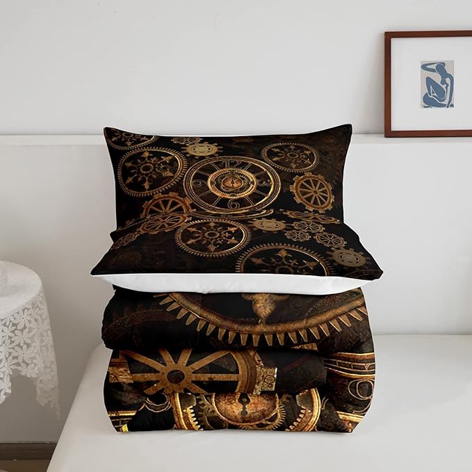 Golden Ndustrial Gear Comforter Set Full Size Steampunk Style Bedding Set Clocks Theme Bedding Sets & Collections For Kids Boys Teens Men Mechanical Device Quilt Set,Retro Style Bedroom Decor