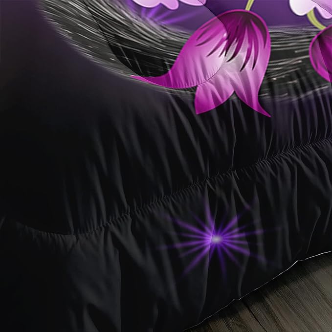 Black Cat Bedding Cartoon Cat Comforter Set Queen,Daisy Butterflies Printed Kids Bedding Set for Kids Boys Girls Adults Room Decor,Kids Comforter Set All Season,1 Quilt 2 Pillow Cases,Purple