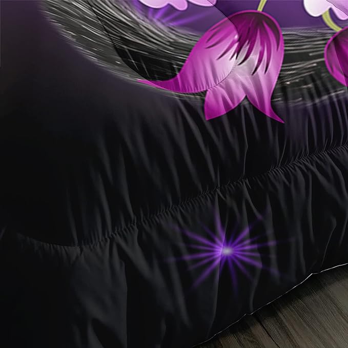 Black Cat Bedding Cartoon Cat Comforter Set Full,Daisy Butterflies Printed Kids Bedding Set for Kids Boys Girls Adults Room Decor,Kids Comforter Set All Season,1 Quilt 2 Pillow Cases,Purple