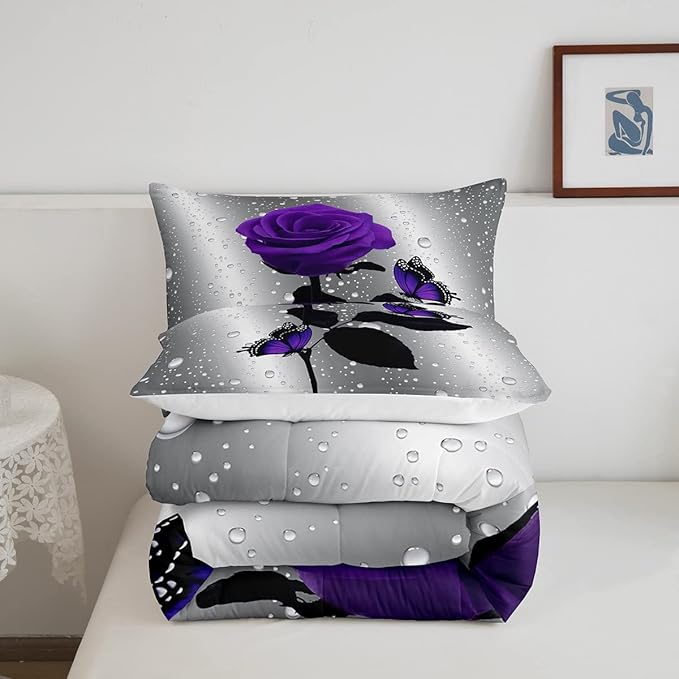 3D Rose Comforter Set Rose Floral Print Bedding Set Romantic Flowers Comforter for Kids Boys Girls Children Teens Bedroom Decor Purple Rose Butterfly Duvet Set Twin Size Quilt Set With 1 Pillow Case