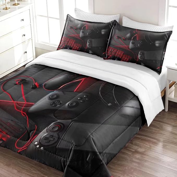 Gaming Comforter for Boys Teens,Game Bedding Sets Full,Kids Gamer Comforter Set,Video Game Bedroom Decor,Gamepad Controller Duvet Insert All Season 3 Piece 1 Comforter and 2 Pillowcases